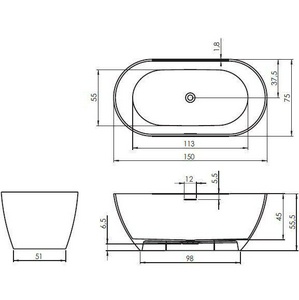 Ванна 150х75см, свободностоящая, слив-перелив в комп., (искусств.камень цв.белый), Bilbao ZZ Riho bilbao B119001105