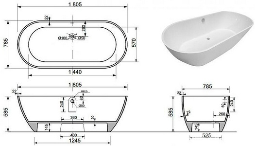 Ванна отдельно стоящая из искусственного камня Эстет Майами ФР-00006013, БЕЗ слива-перелива, ZZ Эстет майами ФР-00006013