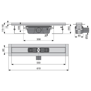 Универсальный водоотводящий желоб 550 мм, для решетки под плитку арт.Floor-550 ZZ AlcaPlast Optima APZ6S-550