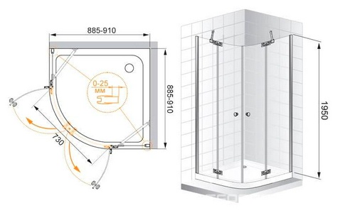 Душ. уголок 900х900хh1950мм, 1/4 круга, R550мм, 2 расп.двери, вход 730мм, с 2-мя неподв.сегм., (стекло прозр., 6мм, фурн/хром),  ZZ Cezares Electra ELECTRA-R-2-90-C-Cr