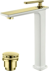 Смеситель для раковины высокий LM6409WG, 5x15x19 см, донный лапан цв золото, см-ль цв белый+золото, ZZ Lemark Mista LM6409WG