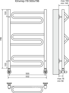 Полотенцесушитель "", 500x h800 мм/ П9, установочный набор в компл., БЕЗ уголков  и отражателей ZZ Terminus Юпитер 4670078530448