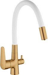 Смеситель для кухни, гибкий излив, с подключением к фильтру, цв.белый/золото ZZ