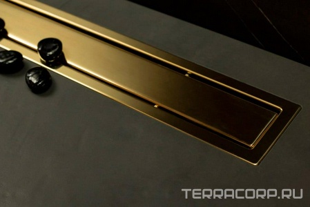 Дренажный канал 300хh71/117мм,готов компл,сифон d50 выход вбок 48л/мин,ножки, 2х сторон.решётка/полая под плитку(цв.золото 24К глянец)Prem Gold LineZZ Pestan Premium Gold Line 13100050