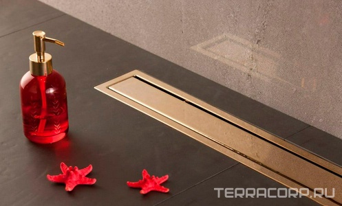 Дренажный канал 300хh71/117мм,готов компл,сифон d50 выход вбок 48л/мин,ножки, 2х сторон.решётка/полая под плитку(цв.золото 24К глянец)Prem Gold LineZZ Pestan Premium Gold Line 13100050