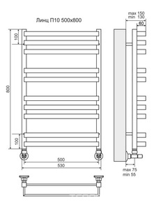 Полотенцесушитель "", 500x h800 мм/ П10, установочный набор в компл., уголки квадрат. и отражатели в комплекте ZZ Terminus Линц 4630080268388