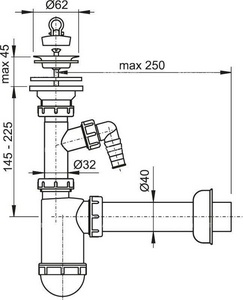 Сифон для умыв. c нерж. сеткой и пробкой, выход d-40, жесткая подводка, отвод для стир.машины AlcaPlast Универсал A41P