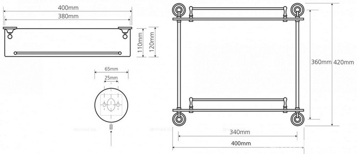 Полка для ванной двойная, стеклянная 400x120xh420мм, (цв.бронза),  ZZ Bemeta Retro 144102127