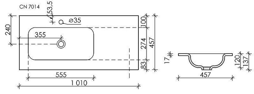 Раковина для мебели, чаша слева, 1010х457 мм, цвет белый Ceramica Nova Element CN7014