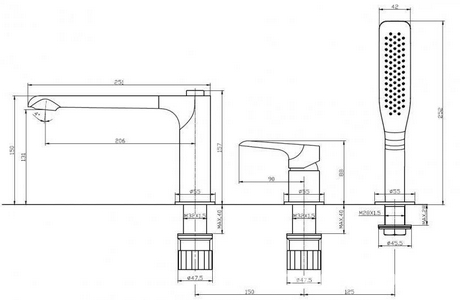 Смеситель для ванны, встраиваемый в борт на 3 отв., лейка, шланг в компл., (цв.хром),  ZZ BelBagno Ancona ANCONA-BVD3-CRM