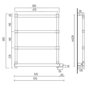 Полотенцесушитель 570(500)хh660x105мм, (эл.+Box, подключение слева!), (цв.хром), Margaroli ZZ Margaroli Sole 542-570x656-470/4M+Box (Chrome, эл + Box СЛЕВА)