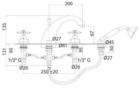 Смеситель для ванны, встраиваемый в борт на 4 отв., лейка, шланг в компл., (цв.золото),  ZZ Cezares Nostalgia NOSTALGIA-BVD-03/24-M