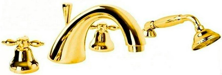 Смеситель для ванны, встраиваемый в борт на 4 отв., лейка, шланг в компл., (цв.золото),  ZZ Cezares Nostalgia NOSTALGIA-BVD-03/24-M