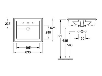 Раковина встраиваемая 630х525 мм, 3 отв. д/смес., (R1 white ceramicplus),  ZZ Villeroy & Boch Hommage 7102A1R1