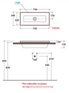 Раковина встраиваемая в столешницу сверху, прямоугольная 750х340хh30(170)мм, без отв.д/смесит., с переливом,  ZZ Globo Stockholm FO075.BI