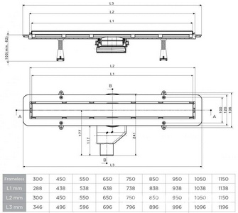 Дренажн.канал 650мм, готов.компл, сифон d50 выход вбок, затвор (сухой/гидро), 2х стор.вставка цв.матов хром/под плитку, CFL ZZ Bettoserb Confluo Frameless Line 13701231-NEW