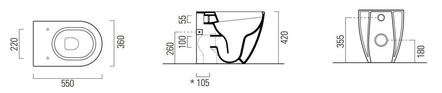 Унитаз напольный, пристенный 360х550мм, безободковый, монтаж со скрыт в стене бачком, без сиденья, без креплений к полу арт.FVB,  ZZ GSI Pura 881011