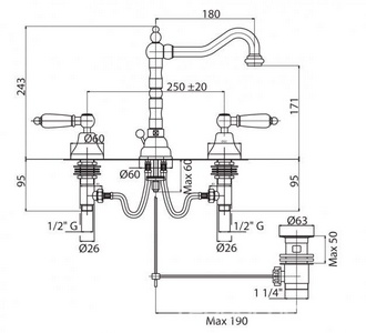 Смеситель для раковины на 3 отв., с д/к, (цв. бронза, ручки белые),  ZZ Cezares First FIRST-BLS2-02-Bi