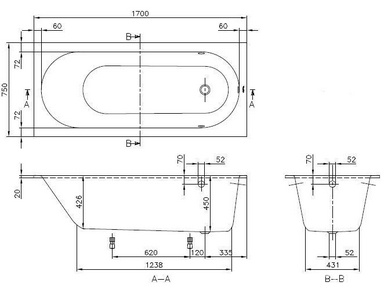 Ванна 1700х750хh450мм, (кварил цв.белый), без отверст.перелива, сверло, ножки пласт.h145-180мм в компл, (без удлинённого слива-перелива),  Villeroy & Boch Oberon UBQ170OBE2V-01