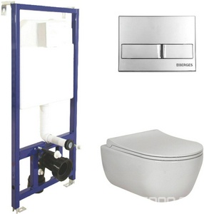 Комплект : инсталляция для подвес. унитаза + кнопка хром "L3" + подвес. безободковый унитаз с сиденьем микрл. ZZ Berges Ego 047213
