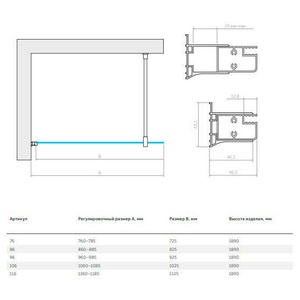 Душевая перегородка, неподвижная, 96x190 см, профиль черный матовый, стекло прозрачное, покрытие BriteGuard, ZZ Vegas Glass EAF EAF NOVO 96 02М 01 / BriteGuard