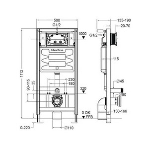 Инсталляция для подвесного унитаза,1112х115х500мм, со смывным бачком, фронт.управл.,смыв пневматический, крепёж в компл, без кнопки смыва, Allen Brau Pneumatic 9.11100.20