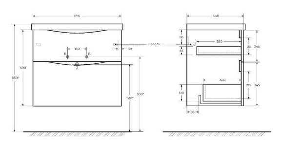 База под раковину подвесная с двумя выкатными ящиками 700x450x600мм, цвет Rovere Nature,  ZZ BelBagno Marino MARINO-H60-700-2C-SO-RN-P
