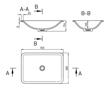 Раковина встраив.в столешн.снизу,прямоуг 550х400хh134мм,без отв.д/смес,без перелива,без донного клапана,литой камень S-Stone мат,цв.белый,  06 ZZ Salini Marea 1802206M