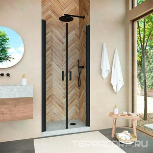 Душевая дверь 85*190 двухстворчатая распашная, открывается наружу и внутрь, профиль черный матовый, стекло шиншилла, БЕЗ покрытия ZZ Vegas Glass Е2Р Е2Р 85 02М 02