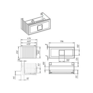 Тумба под раковину, с 1 выкатным ящиком, 776x469хh350мм, без раковины/столешницы, БЕЗ РУЧКИ, (цв.серый матовый),  ZZ La Fenice Cubo FNC-01-CUB-G-80