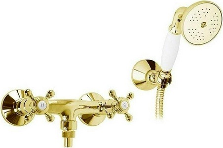 Смеситель для душа, лейка, шланг 150см, кронштейн в компл., (цв.золото, ручки белые),  ZZ Cezares Golf GOLF-D-03/24-Bi