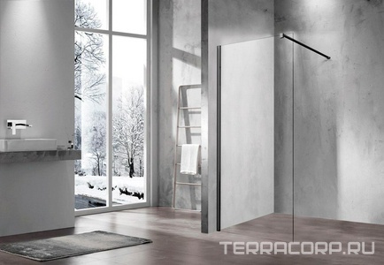 Душевая перегородка 900хh2000мм, правая/левая, (стекло прозрачное 8мм, поперечн. укорачиваемый кронштейн 1200мм, фурнит.цв.черный мат.),  ZZ Vincea Walk-In VSW-1H900CLB