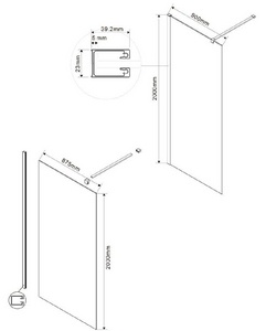Душевая перегородка 900хh2000мм, правая/левая, (стекло прозрачное 8мм, поперечн. укорачиваемый кронштейн 1200мм, фурнит.цв.черный мат.),  ZZ Vincea Walk-In VSW-1H900CLB