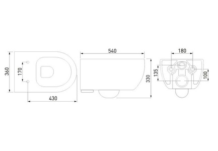 Комплект: Унитаз подвесной+сиденье с микролифтом цв.белый+инсталляция+клавиша 2-го смыва цв.черный ZZ Berges Универсал 043234