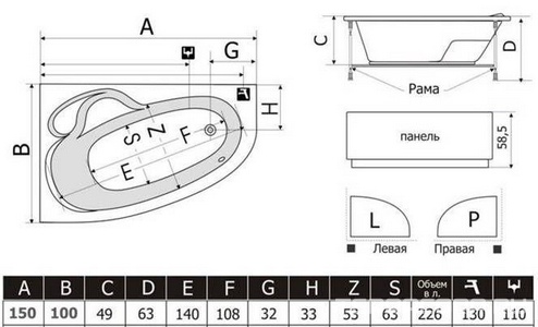Ванна  (левая) "Стандарт",  без г/м, 150х100см,  на раме, фронт. панель, слив/перелив в комплекте ZZ Thermolux Talia Talia 150 L стандарт