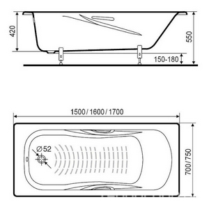 Ванна стальная PRINCESS 170х75, с отверстием под ручки, БЕЗ ручек, БЕЗ ножек ZZ Roca Принцесса 2202E0000 / 2202.E.000.0