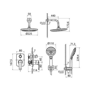 Комплект встраиваемого смесителя для душа (смеситель с внешней и внутр.частью, лейка, шланг, верхний душ с кронштейном), цв.хром Iddis ray RAYSB02i67