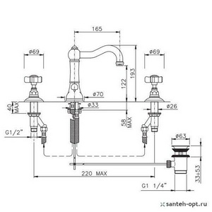 Смеситель для раковины на 3 отв. с повотным изливом и д/к (цв.Antique gold/ручки El Capitan), Nicolazzi ZZ Nicolazzi Tradizionale 1427 AG 69