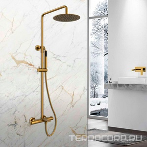Смеситель термостат для душа, со стационарным верхн.душем 25см., душевая лейка, шланг в компл., (цв.брашированное золото), Vincea ZZ Vincea Vogue VSFS-1V1TBG