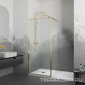 Душевая перегородка 900хh2000мм, правая/левая, (стекло прозрачное 8мм Easy Clean, укорачиваемый кронштейн 1200мм, фурнит.цв.золото BRUSH), Walk IN ZZ RGW Walk In 32101290-16