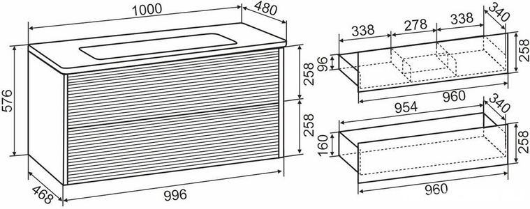 Тумба подвесная 100 см, без раковины, 2 выдвижных ящика,  цвет дымчатый серый Aqua de Marco PARMA 20100GRPAR