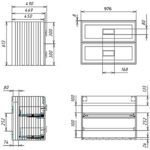 Тумба под раковину, с 2 выкатными ящиками, 976x469хh613мм, без раковины/столешницы, БЕЗ РУЧЕК, (цв.Grigio),  ZZ La Fenice Cubo FNC-01-CUB-G-100-2