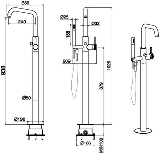 Смеситель для ванны, напольный, лейка д/д, шланг, встраиваемая часть в компл.,(цв.графит браш),  ZZ Allen Brau Priority 5.31008-MG