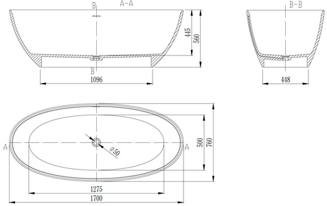 Ванна 1700х760хh560мм, отдельностоящая, интегрир.слив перелив, д/к в цвет ванны в компл.,(иск.камень Solid Surface цв.белый мат), Vincea ZZ Vincea Ванны VBT-4S01MW