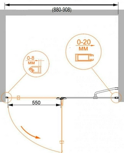Дверь в нишу 900(880-908)хh1950мм, вход 550мм, с неподв.сегментом, "Правая" петли справа, (стекло прозр. 6мм, фурн/хром),  ZZ Cezares Bergamo BERGAMO-B-12-90-C-Cr-R