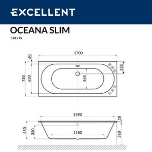 Ванна акриловая Excellent Oceana Slim 170*75 см, без каркаса, без с/п, белая, ZZ Excellent oceana WAEX.OCE17WHS