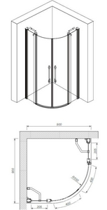 Душевое ограждение, 1/4 круга, R550, 900х900хh1950мм, 2 расп.двери с 2 неподв.сегм., (профиль цв. бронза, стекло 6мм матовое.с прозр.рис),  ZZ Romance Collection Malme ML.R1.90.FGTP BR КЛАССИКА