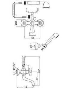 Смеситель для ванны, лейка, шланг, кронштейн в компл., (цв. бронза),  ZZ Gaia Newport RB002 BR