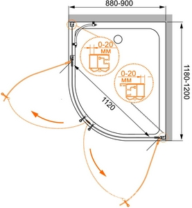 Душевое огражд.ассиметр.1200х900хh1950мм, 2 закругл. распашн. двери, с неподв.сегментом, (ст.8мм,матовое с прозр.рис., фурн. цв.золото),  ZZ Cezares Retro RETRO-RH-2-120/90-PP-G