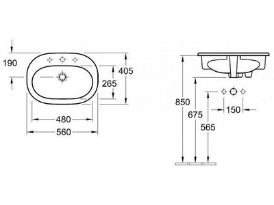 Раковина 560х405мм, с 1 отв.д/смесит., встраиваемая в столешницу сверху, (цв. R1 белый ceramicplus),  ZZ Villeroy & Boch O.Novo 416156R1